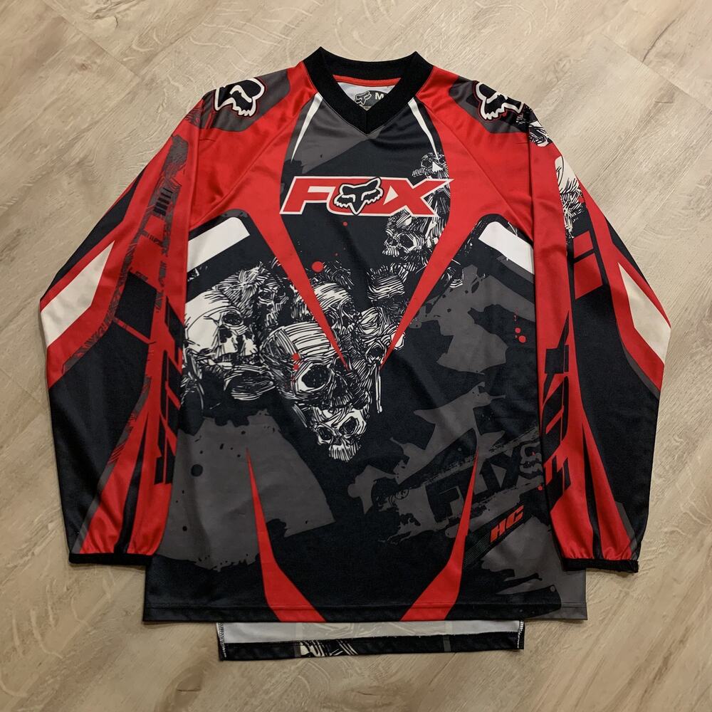 Fox Racing Motocross Jersey Red Black Skulls Graphic MX Dirt Bike Men's Medium M